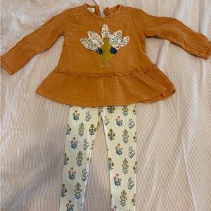 Mustard Ruffle Tunic with Floral turkey Applique + Floral Leggings